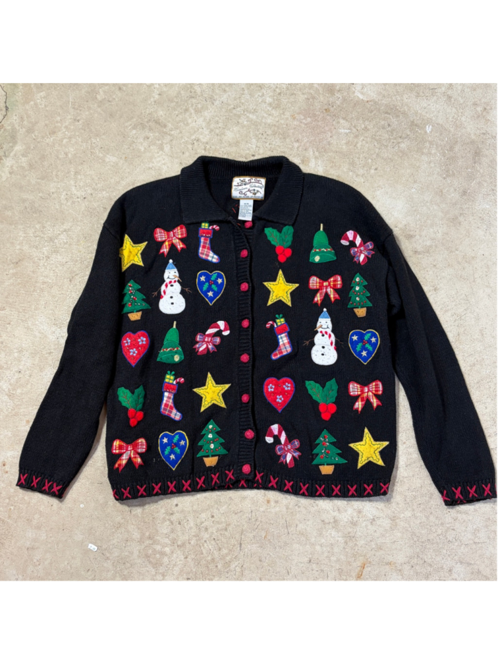 Vintage Christmas Cardigan Sweater Women’s Medium Black Embroidered Button Down